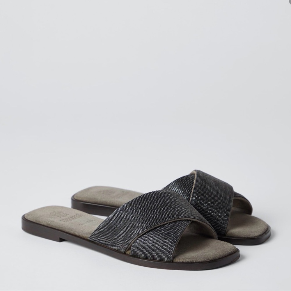 Brunello Cucinelli Metallic Mesh Slide Sandals